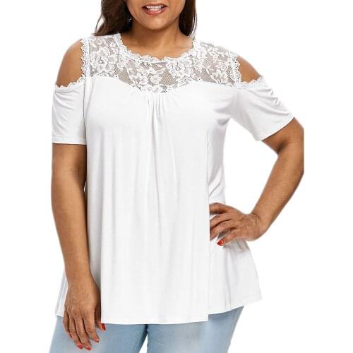 5XL Plus Size Blouses Womens Fashion Lace Patchwork Cold Shoulder Shirts Casual Strapless Short Sleeve O Neck Tops blusas mujer