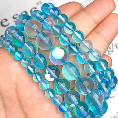 Natural Glitter Blue Austrian Crystal Stone Beads Round Moonstone Beads For Jewelry Making Diy Bracelet 6 8 10 12mm 1 Strand