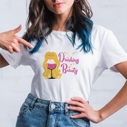 Letters Dunking Beauty Wine Glass Princess Pattern Women Tshirt Disney Kawaii Dropship Summer New Fashion Harajuku White T Shirt