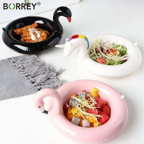 BORREY Ceramic Salad Bowl Unicorn Flamingo lovely ice cream Snack Bowl Mixing Bowls Fruit Salad Bowl Plate Handicraft Decoration