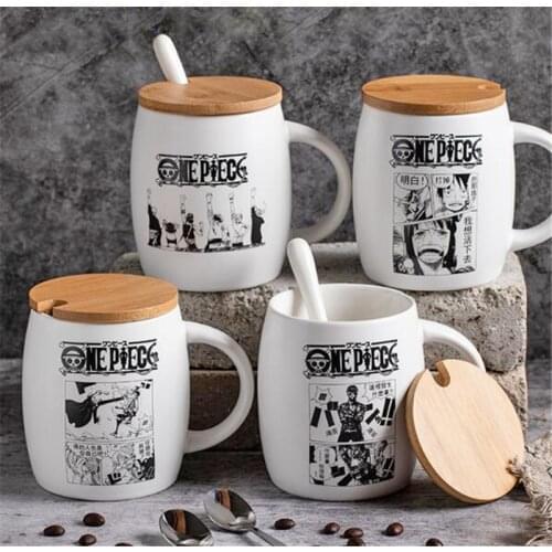 Anime ONE PIECE Coffee Mug Ceramic Skull Cartoon Mugs Cup Set Cup with Cover and Spoon Girls Boys Birthday Christmas Gifts