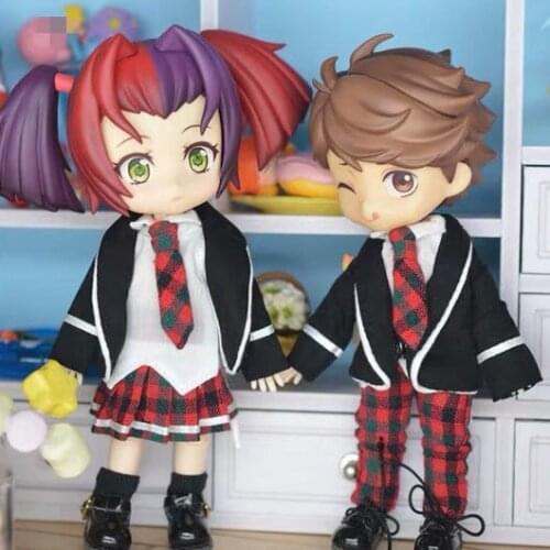 OB11 dolls suit for 1/12 size stylish white tie shirt + black blazer + matching plaid suit pants/skirt preppy uniform suit
