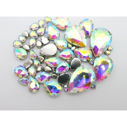 Crystal AB crystal glass mix water drop shape 7 sizes silver claw flatback sew on rhinestone wedding dress accessories trim