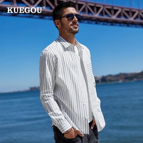 KUEGOU 2020 Autumn Cotton Striped White Casual Shirt For Men Oversize Male Fashion Collared Button Up Long Sleeve Clothing 20515