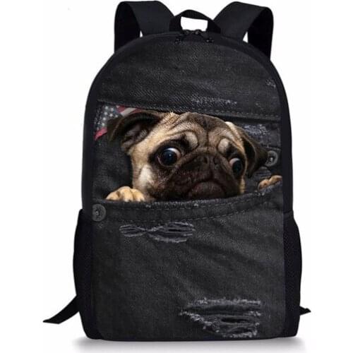 Lovely Puppy Pug School Bag Denim Jeans Cat Schoolbag for Junior Girls 3D Primary Children Bookbag Mochila Escolar