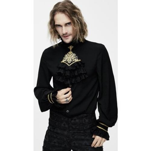 Devil Fashion Victorian Gothic Mens Silk Tie Shirt Steampunk Black White Tuxedo Shirts With Lace Collar Male Blouses Tops