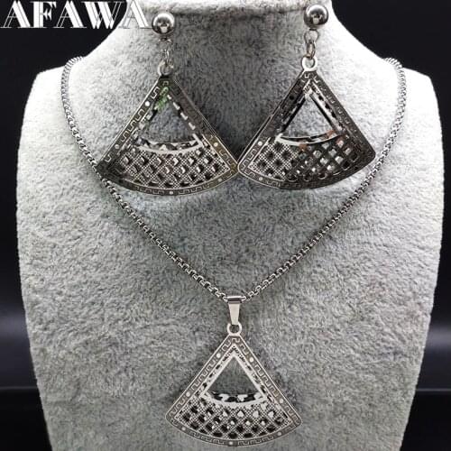 2021 Fan Stainless Steel Jewerly Set for Women Silver Color Necklace and Earrings Set Jewellery acero inoxidable joyeria SH48S01