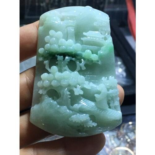 Natural Myanmar jade 7A HandCarved landscape waterfall jadeite green jade pendant jade necklace pendants jewelry jade necklaces