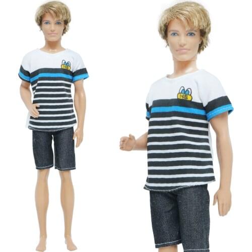 Handmade One Pcs Men Outfit Stripe T-shirt Blue Short Pants Jeans Casual Wear Accessories Clothes for Ken Doll Dollhouse Toys