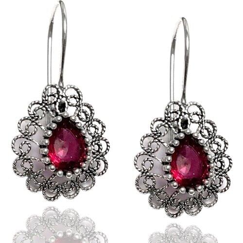 Silver World Red Gemstone Filigree Silver Women Earrings Ottoman Motif Hurrem earrings