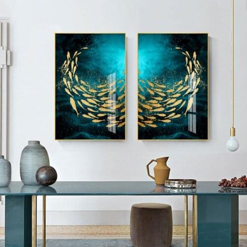 Modern Golden Fishes Paintings Landscape Posters and Prints Sea Canvas Painting Abstract Fish Picture for Living Room Decoration