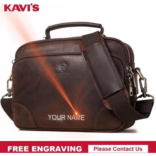 KAVIS 2020 Vintage Mens Genuine Leather Messenger Male Bag Men Business Travel Bag Fashion Style Shoulder Bags Free Engraving