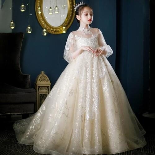 High-End Children Beading Sequined Trailing Evening Gown Kids Catwalk Birthday Party Elegant Princess Dresses For Girls L1209