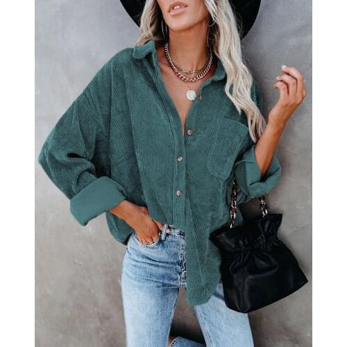 Autumn Corduroy Women Blouse Button Solid Clothes Casual Long Sleeve Loose Shirts Female Oversized Pocket Shirts Tops
