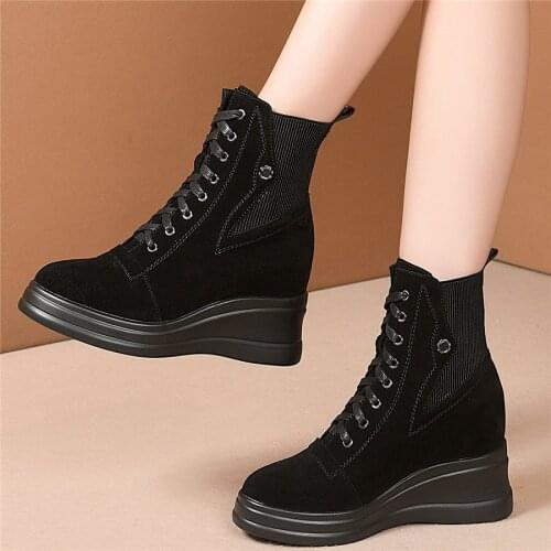 Platform Wedges Ankle Boots Women Genuine Leather High Heel Pumps Shoes Female Knitting High Top Fashion Sneakers Casual Shoes
