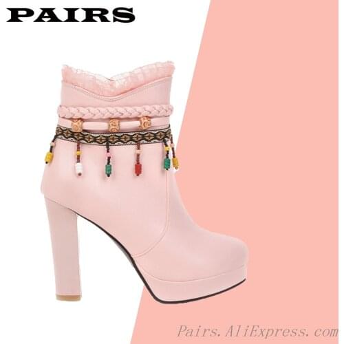 Womens Boots Autumn Winter Warm Super High-heeled Ankle Round Toe Zip Tassel Platform Plush 2021 Sexy New Fashion Pu White Pink