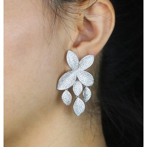 2021 Summer New Fashion Luxury Iced Out Bling Sparking Cz Big Flower Leaf Dangle Earrings For Women High Quality Wedding Jewelry