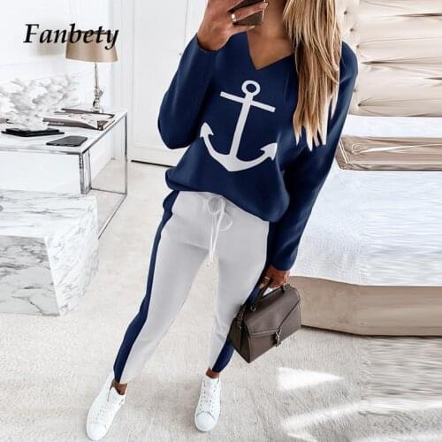 Women Elegant Patchwork Letter Print Two Piece Set New Spring Casual V-Neck Pullover Tops & Long Pant Suits Fashion Loose Outfit