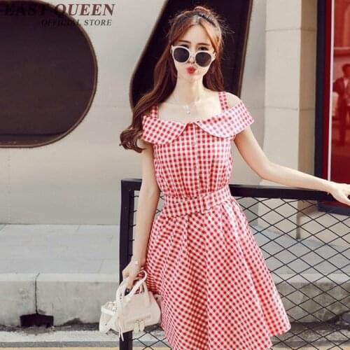 2018 summer dress kawaii online korean dress red plaid bare shoulder dress woman off the shoulder vestidos NN0434 CQ