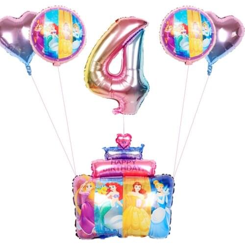 1set Disney Princess Cake Mermaid Cinderella Foil Balloons Birthday Party Decorations 32inch Rainbow Number Helium Balls Kid Toy