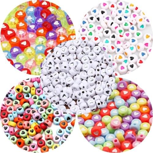 Trend 4x7mm 100pcs Colorful Flat Round Love Heart Acrylic Beads Loose Beads Accessories For Jewelry Making DIY Handmade Supplies