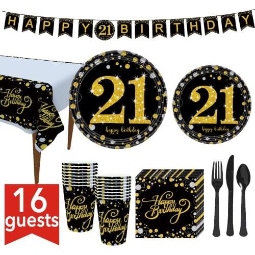 21st Birthday Party Supplies Tableware Set Plates Cups Napkins Banner Tablecloth Fork Knife Spoon Serves 16-Person Suit