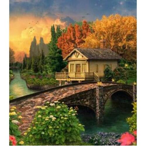 5D DIY Diamond Painting Landscape Painting Bridgeside Wooden House Scenery Picture Square/Round Diamond Cross Stitch Art WG3117