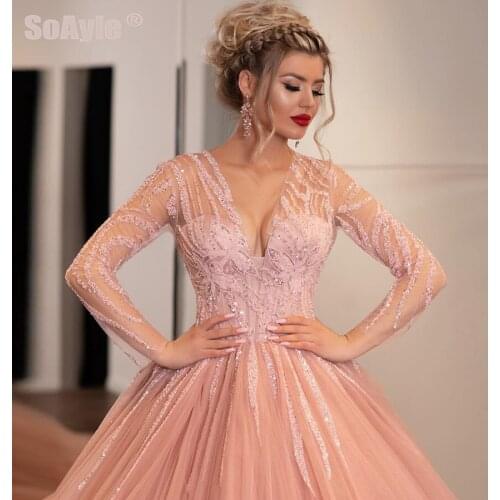 SoAyle Ball Gown Evening Dresses Long Luxury Crystal Arabic Evening Dress Plus Size Deep V-neckTransparent sleeve Robe De Soire