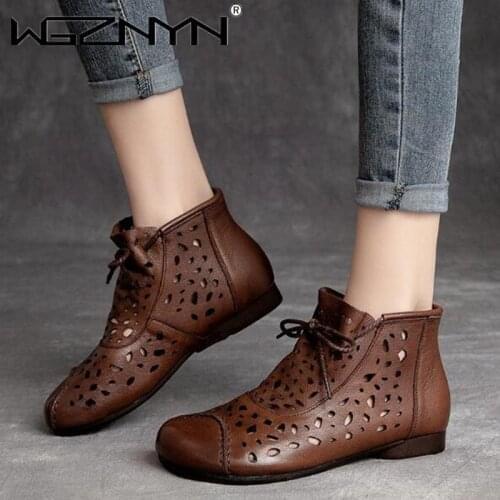 Summer Fashion Women Ankle Boots Handmade Genuine Leather Hollow Out Sandals Wedge Womens Shoes Soft Bottom Women Boots Shoes