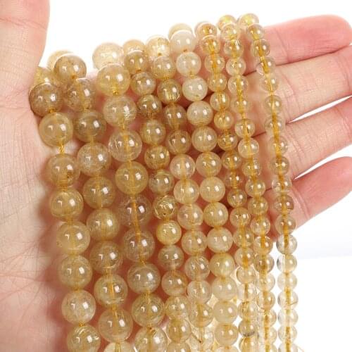 Natural Stone Beads Rutile Quartz Crystal Charm Round Loose Beads for Jewelry Making Needlework Bracelet DIY Strand 4-12 MM