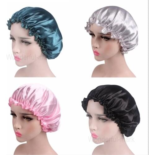 Hot 1PC Satin Hair Cap Bonnet Night Sleep Cap Women Shower Cap Bath Unisex Femme Silk Long Hair Cap Hat Wholesale