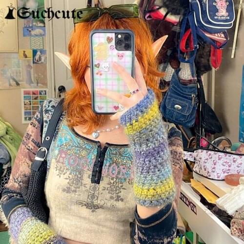 SUCHCUTE Gothic Clothes Women Patchawork Printed T-Shirts Harajuku Vinatage Long Sleeve Casual Y2K Tops Slim Streetwear Outfits