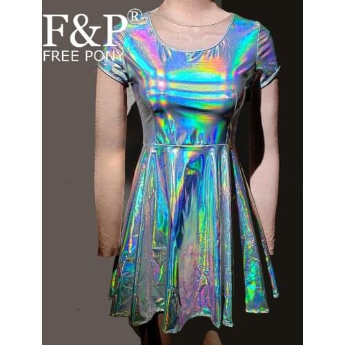 Holographic Rainbow Skater Dress Burning Man Festival Rave Outfits Costumes Clothing Clothes Wear Cosplay
