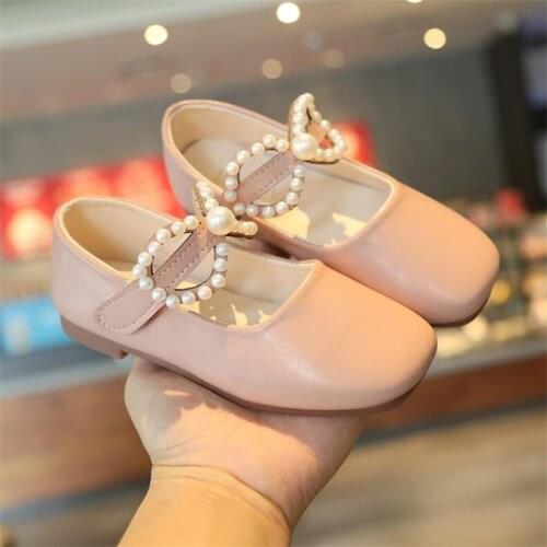Hot Girls leather shoes Childrens fashion Pearl bow shoes Spring autumn Princess Sweet Soft sole flat Party shoes 26-35
