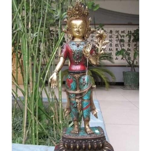 Chinese 100% Copper Bronze 24K Gild inlay turquoise coral beryl Buddha Statue