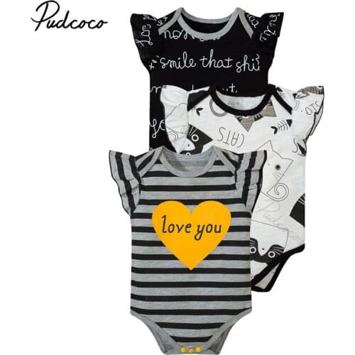 Babys Rompers, 3 Pcs/Set Stripe Cartoon Animal Letter Print Round Neck Flying Sleeve Bodysuits for Birthday Party