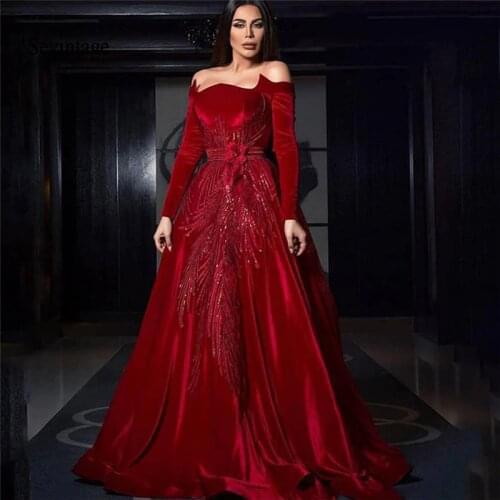 Sevintage 2020 Red Off Shoulder Celebrity Dresses Long Sleeve Velvet Red Carpet Dress Sequines Formal Evening Party Gowns