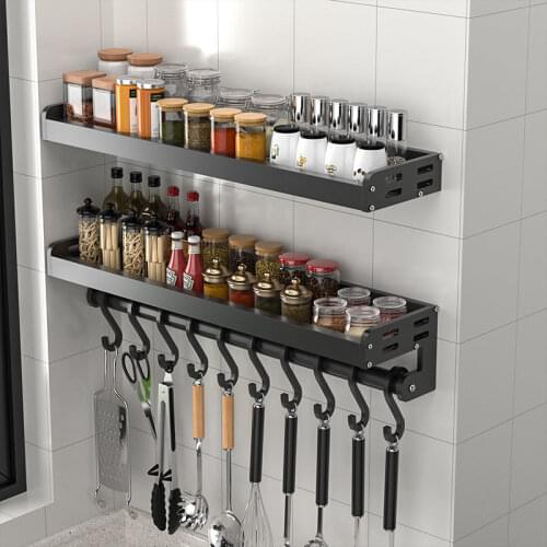 Punch-Free Kitchen Shelf Aluminum Kitchen Spice Storage Rack Wall-Mounted Household Multifunctional Storage Rack Accessories