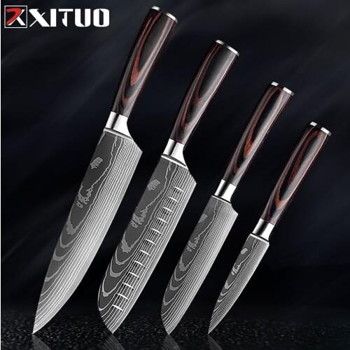 XITUO Kitchen Knives Cook Set Stainless Steel Damascus laser pattern Knife 3 5 7 8 inch frozen Cleaver Paring Fruit Santoku Chef