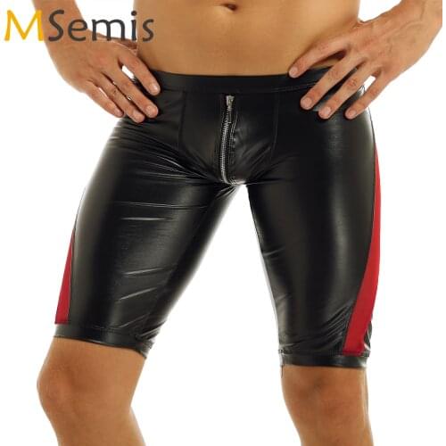 MSemis Mens Black Faux Leather Hot Tights Shorts Sexy Low Rise Zipper Crotch Leggings Gay Dance Pants Club Wear Boxer Pantalones