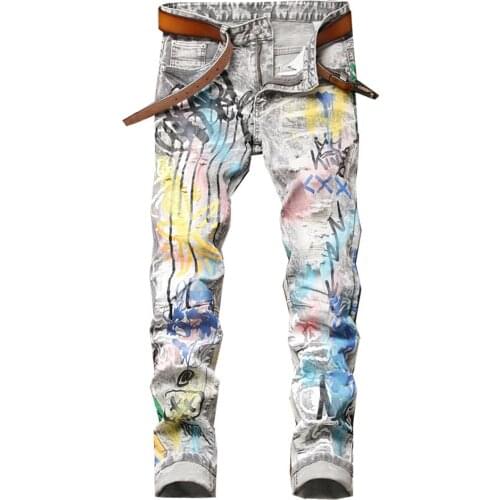 Mens Colored Painted Printed Jeans Fashion Y2K Ripped Stretch Denim Pants Slim Straight Trousers