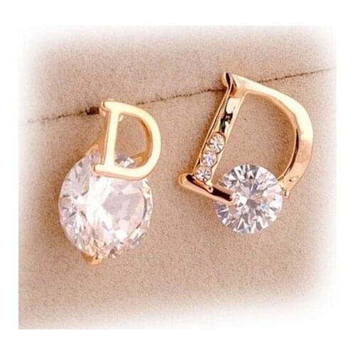 New Korea Womens Accssories Fashion Jewelry Letter D Zircon Gold Stud Earrings