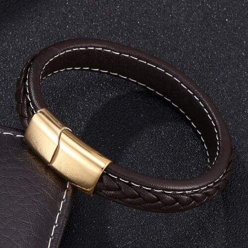 New Fashion Brown Leather Bracelet Men Gold Stainless Steel Magnetic Buckle Bangles Male Wristband Jewelry Gifts S0215