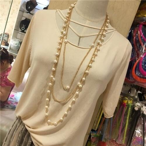 New style long sweater chain double natural color freshwater pearl glass crystal necklace fashion jewelry