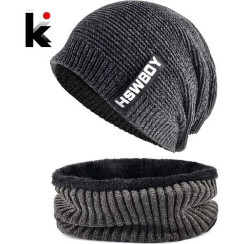 Warm Beanie And Scarf Set For Men Knitted Wool Solid Color Hat Scarf Doulbe Layer Add Velvet Skullies Beaneis Hip Hop Gorras