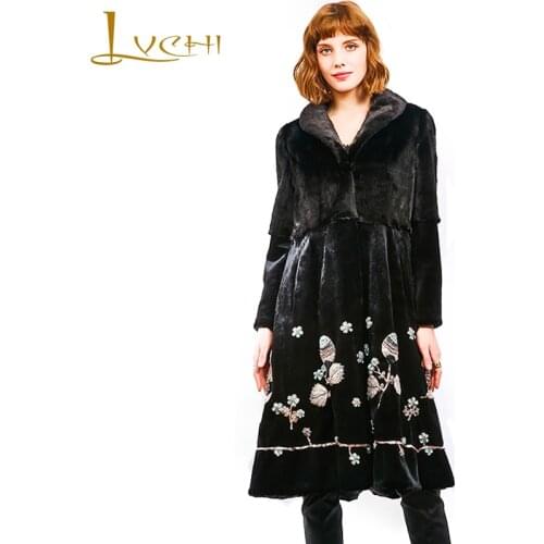 LVCHI Winter 2019 Imported Crown Swan Velvet Mink Coat Womens Beading Natural Fur Coat Turn-Down Collar Print Slim Mink Coats