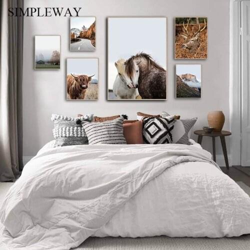 Scandinavian Decoration Picture Autumn Nature Landscape Wall Art Poster Nordic Style Deer Cow Mountain Print Canvas Painting