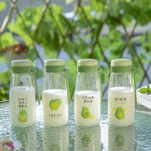 400ml Cute Cartoon Avocado Glass Water Bottle Creative Fruit Heat Resistant Transparent Water Cup Kids Leak Proof Drinking Cups