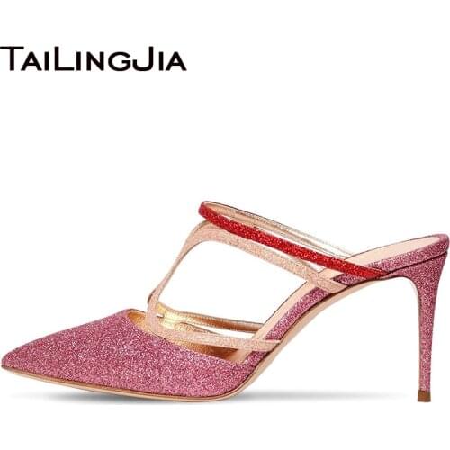 Stylish Glitter Party Heels Mule Shoes for Women 2020 Latest Elegant Pointed Toe Stiletto High Heel Large Size Footwear Mules