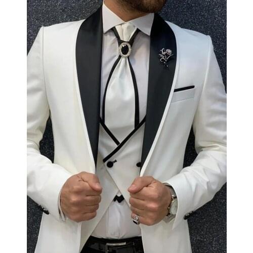 Custome White Black Wedding Suits Fit Prom Party Suits Groom Tuxedos Shawl Lapel 3 Pieces Formal Men Suits Jacket+Pants+Vest
